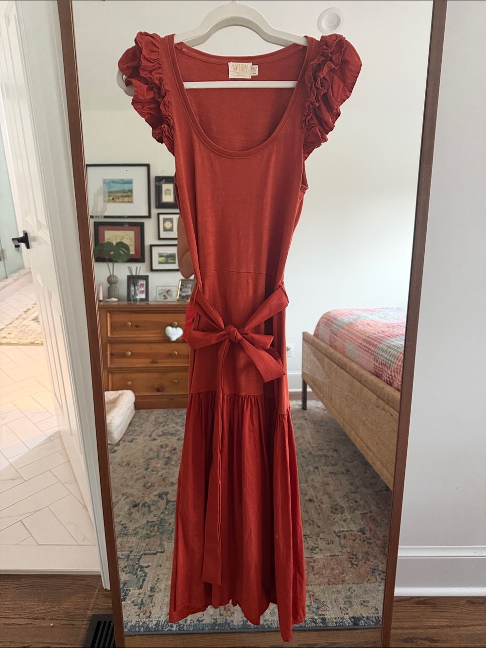 NATION LTD Rust Red Ruffle-Sleeve Tie-Waist Maxi Dress XS
